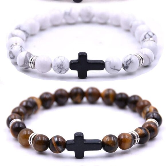 Trendy 4PCS Healing Lava Stone Bracelets with Cross - 8mm Essential Oil Diffuser - Picture 1 of 6